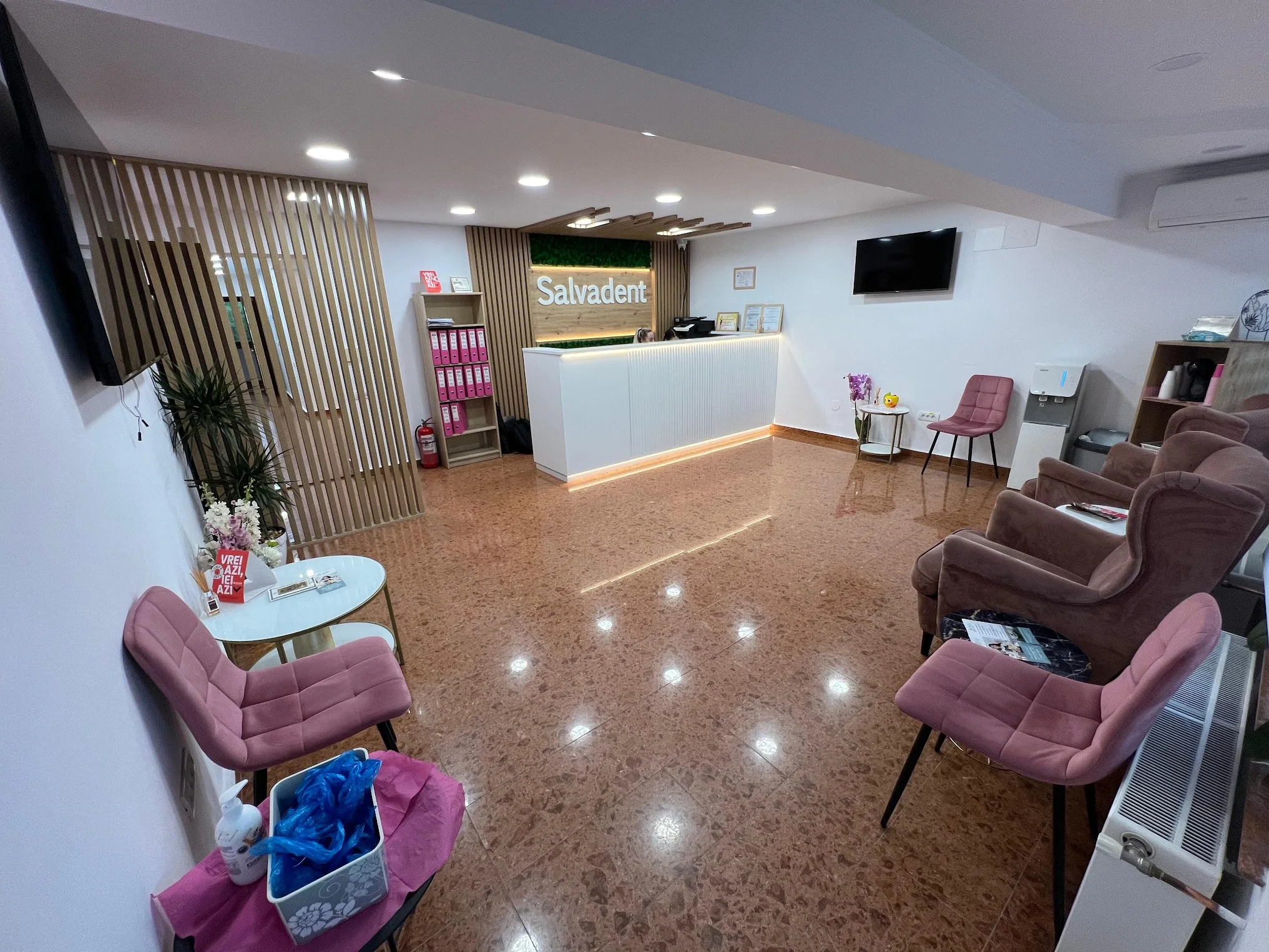Recepția clinicii, cu tejgheaua luminată și zona de așteptare cu fotolii roz